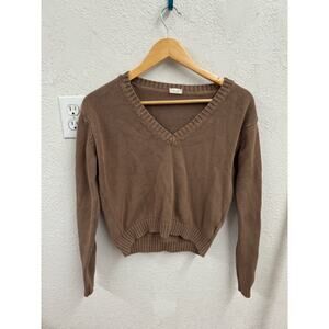 John Galt Brown V neck Cropped Knit Sweater Medium